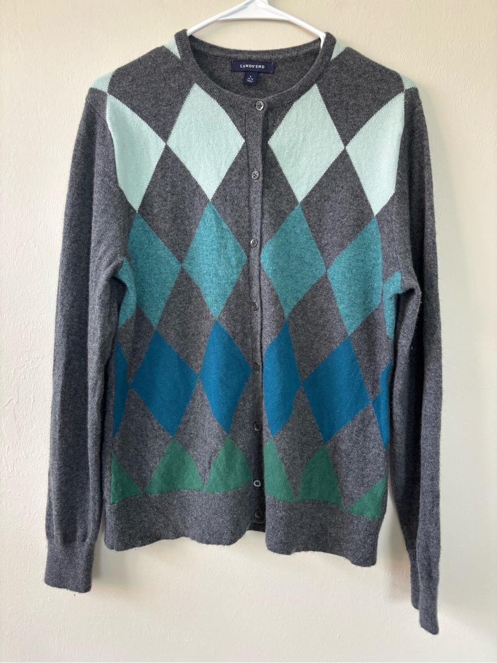Lands’ End Size Large 100% Kaschmir Cashmere Argyle Button-Up Cardigan Sweater